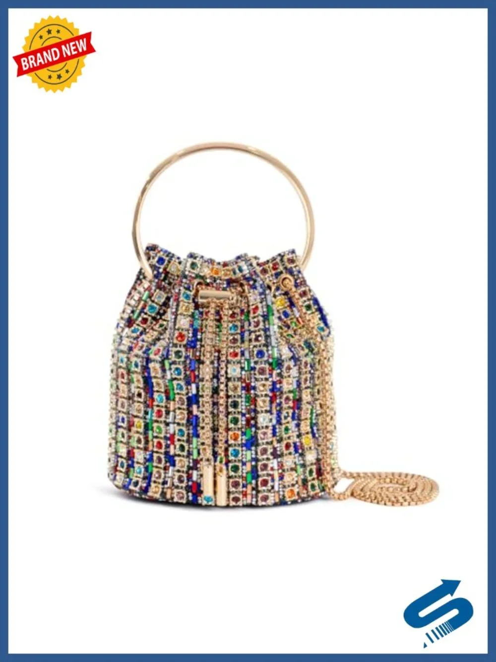 Crystal Rhinestone Embellished Bucket Bag with Ring Handle, Gold Chain Strap,